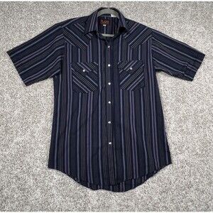 Plains Western Wear Short Sleeve Pearl Snap Shirt Mens S Navy Striped Cowboy